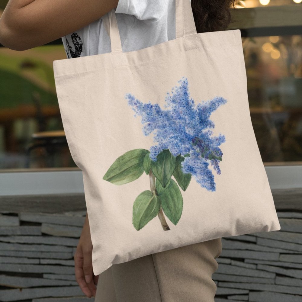 Blueblossom Vintage Watercolor Floral Print Graphic Canvas Tote Bag
